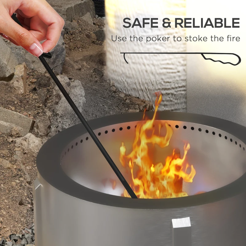 Outsunny 2-in-1 Smokeless Fire Pit BBQ Grill Portable Camping Bonfire Stove with Poker, Stainless Steel, Silver