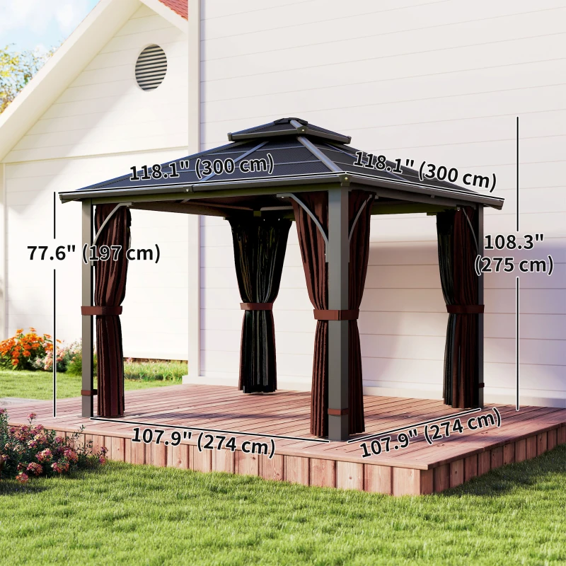 Outsunny 10' x 10' Hardtop Gazebo with 7mm Polycarbonate Double-Tier Roof, Outdoor Gazebo with Netting and Curtains, Coffee