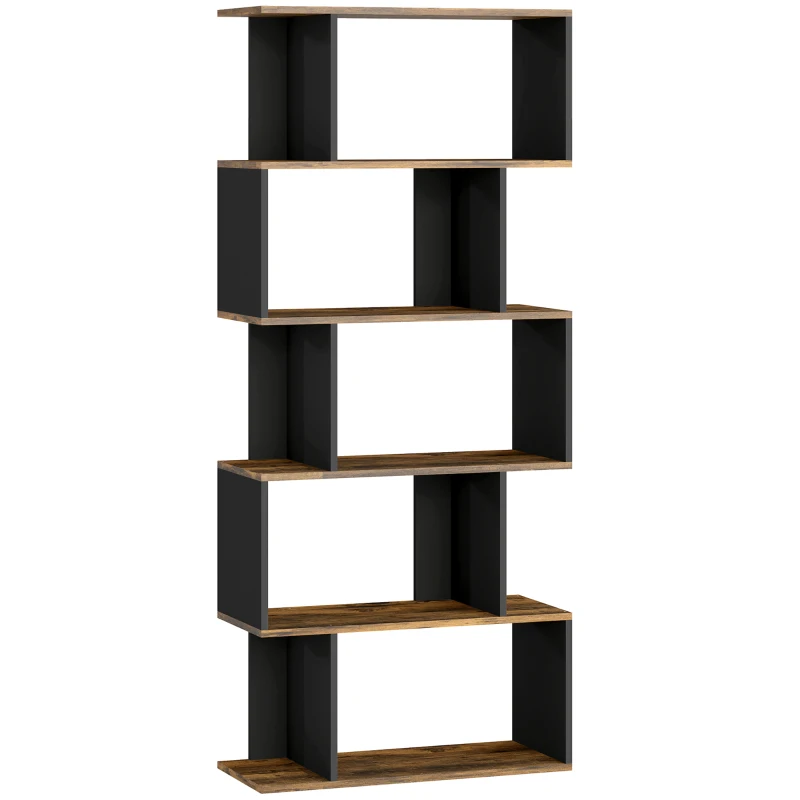 HOMCOM 5-Tier Bookshelf, Geometric S Shaped Bookcase, Tall Narrow Display Shelf for for Living Room, Study Room, Rustic Brown