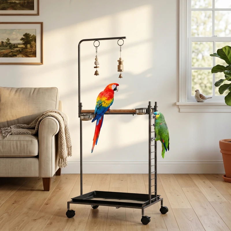 PawHut Bird Stand with Wheels Parrot Stand with Slide-out Tray Stainless Steel Bowls for Indoor Outdoor Dark Gray