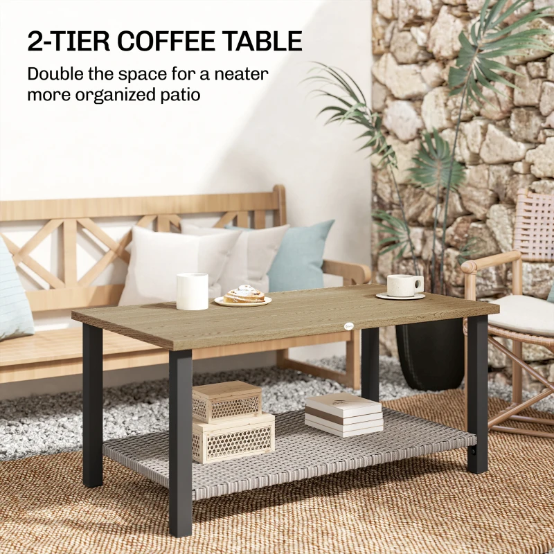 Outsunny 2-Tier Rectangle Outdoor Coffee Table, Patio Table with Wood-Effect Metal Top, Wicker Shelf for Garden, Backyard, Brown