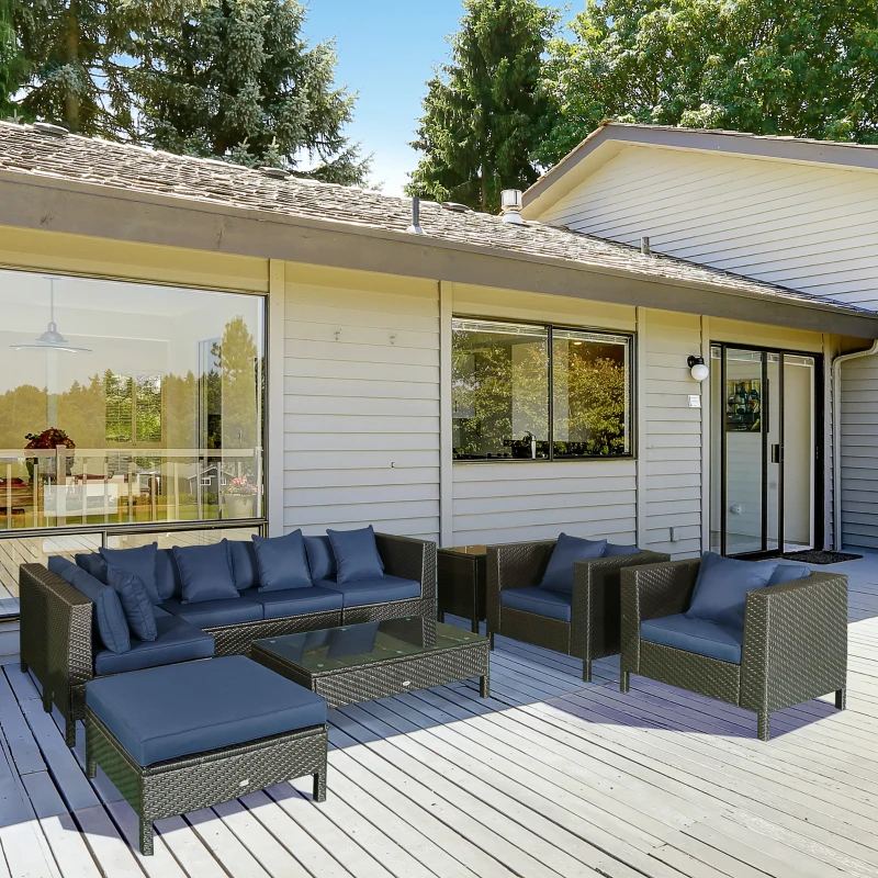 Outsunny Patio Furniture Set, 9 Piece Outdoor Sectional Sofa, All-Weather PE Rattan Wicker Conversation Set with Chairs, Ottoman, Loveseat, Coffee and Side Table, Cushions, Navy Blue