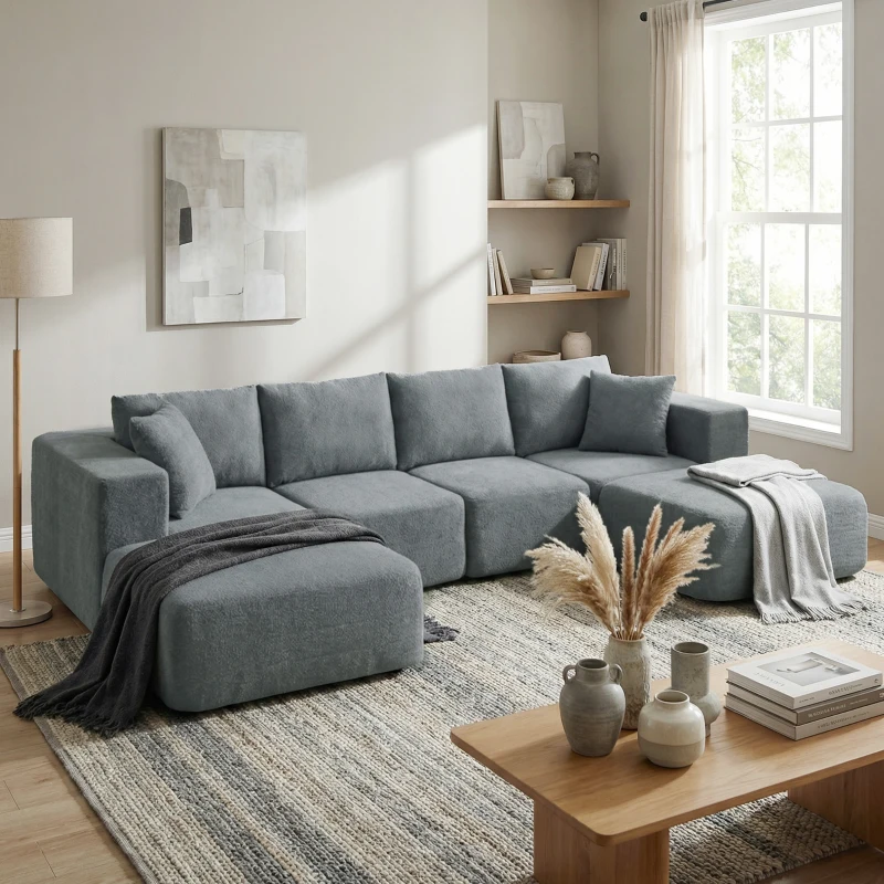 HOMCOM Modular Sectional Sofa, Boneless U-Shape Sectional Couch with 2 Ottomans, Dark Gray