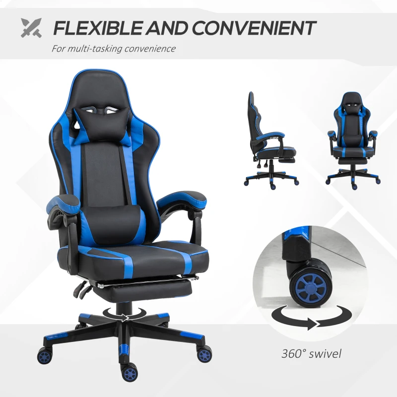 Vinsetto High Back Gaming Chair, PU Leather Racing Style Gamer Computer Chair with Retractable Footrest with Lumbar Support, Pillow and Adjustable Padded Armrests, Blue
