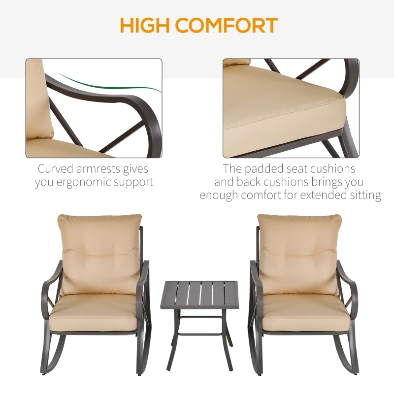 Outsunny 3-Piece Patio Bistro Set Outdoor Rocking Coffee Table Chair Set with Curved Base, Soft Cushions, Steel Frame, Beige