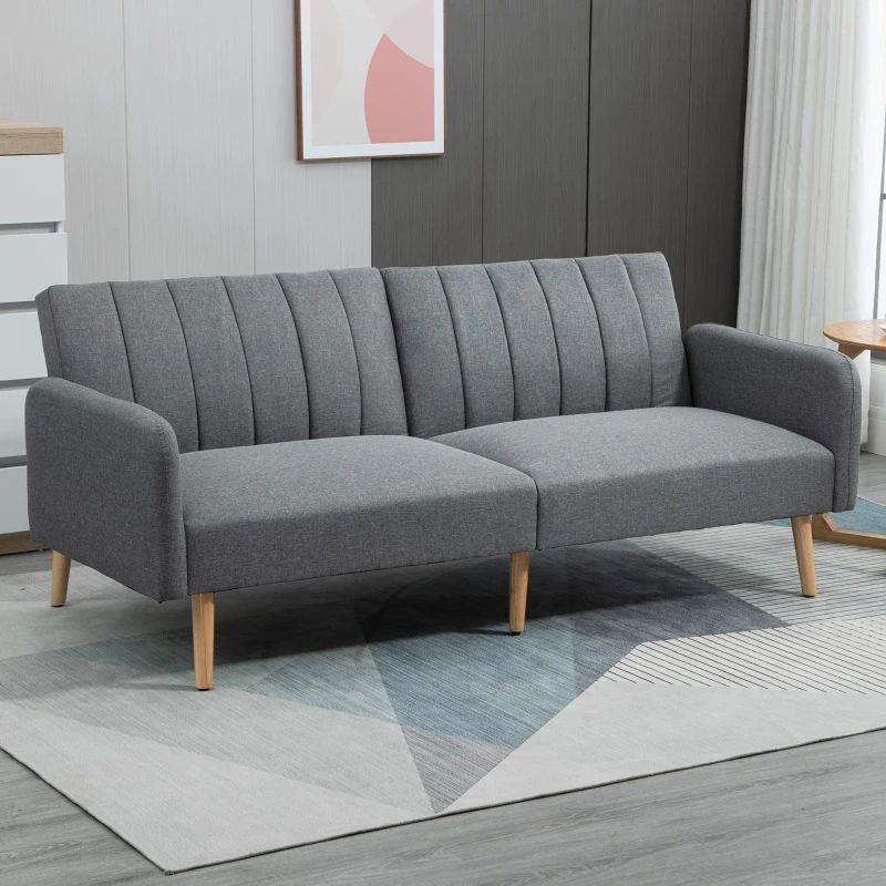 HOMCOM Two Seater Sofa Bed, Convertible Futon Couch Bed, Linen Upholstered Loveseat with Adjustable Backrest for Small Spaces, Living Room, Apartment, and Dorm, Light Gray