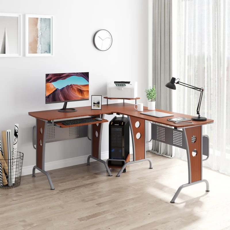 HOMCOM L-Shaped Corner Computer Office Desk Workstation with Elevated Shelf, Rolling Keyboard Tray, & Convenient CPU Stand, Brown