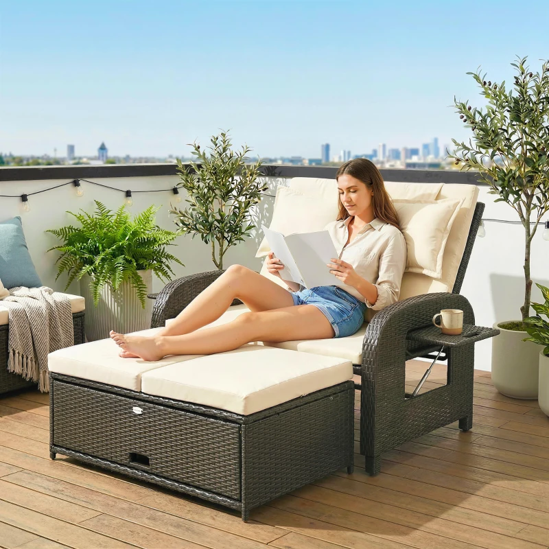 Outsunny Patio Rattan Daybed, Wicker Outdoor Daybed with Storage Ottoman, Loveseat w/ Adjustable Backrest, Beige