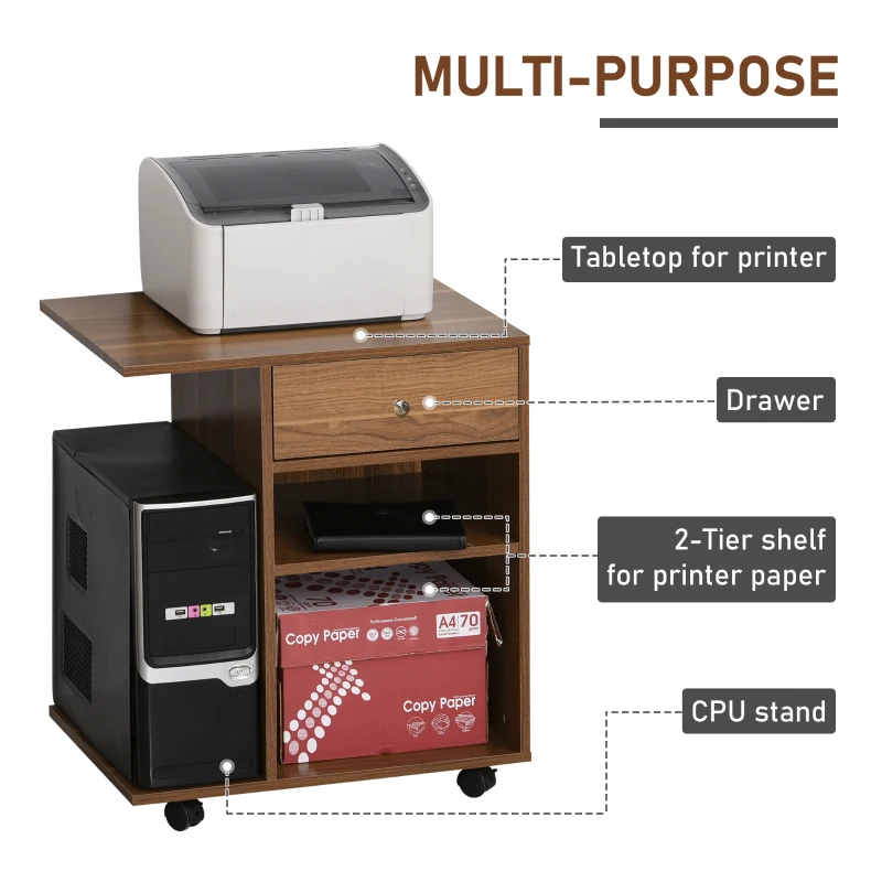 Vinsetto Mobile Printer Stand, Rolling File Cabinet Cart with Wheels, Adjustable Shelf, Drawer and CPU Stand, Walnut