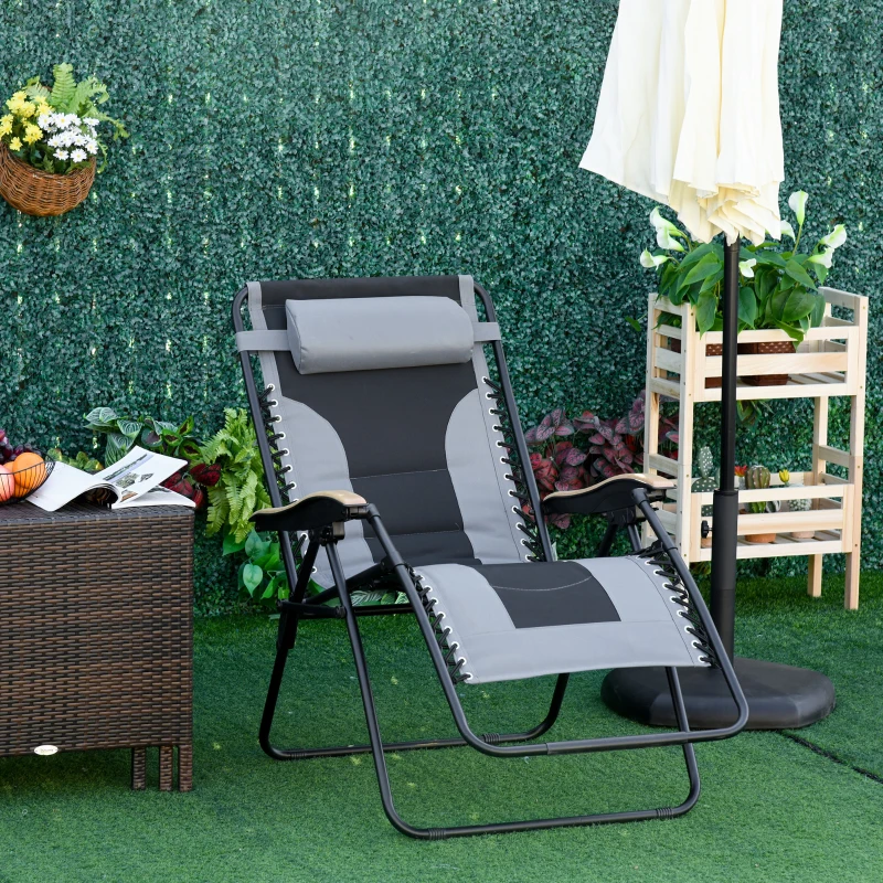 Outsunny Foldable Outdoor Lounge Chair with Footrest, Oversized Padded Zero Gravity Lounge Chair with Headrest, Cup Holders, Armrests for Camping, Lawn, Garden, Pool, Gray