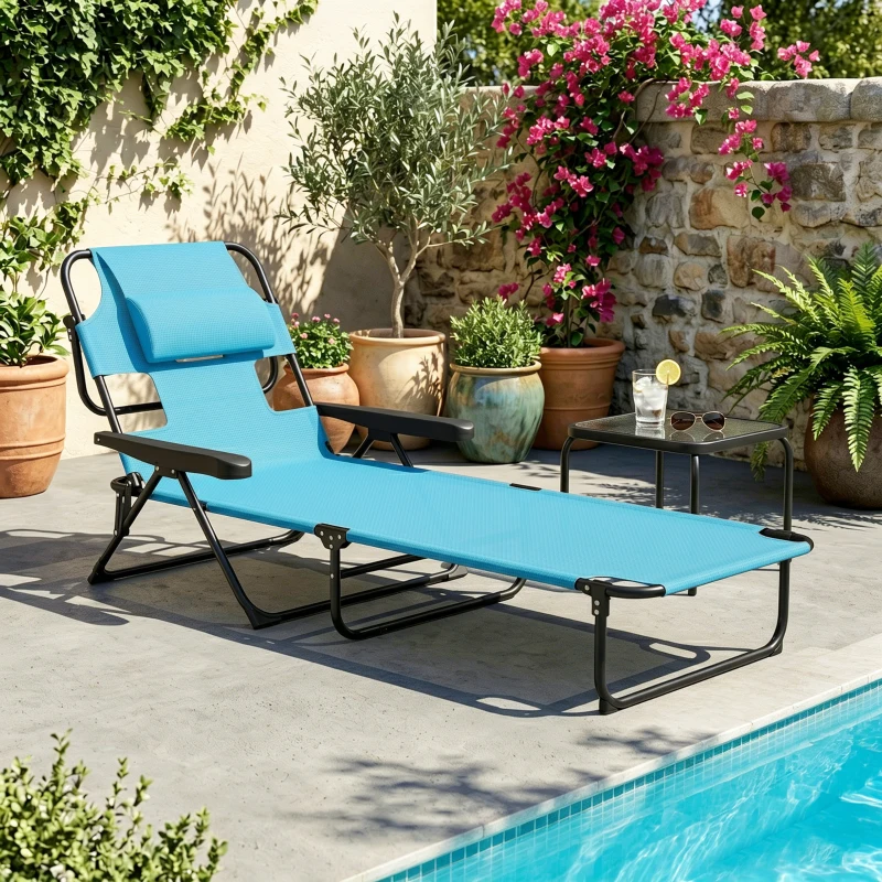 Outsunny Folding Lounge Chair w/ Reclining Back, Light Blue