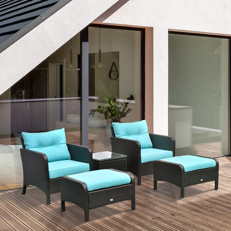 Outsunny 5 Pieces Rattan Wicker Lounge Chair Outdoor Patio Conversation Set with 2 Cushioned Chairs, 2 Ottomans and Tempered Glass Top Coffee Table, Brown/Blue