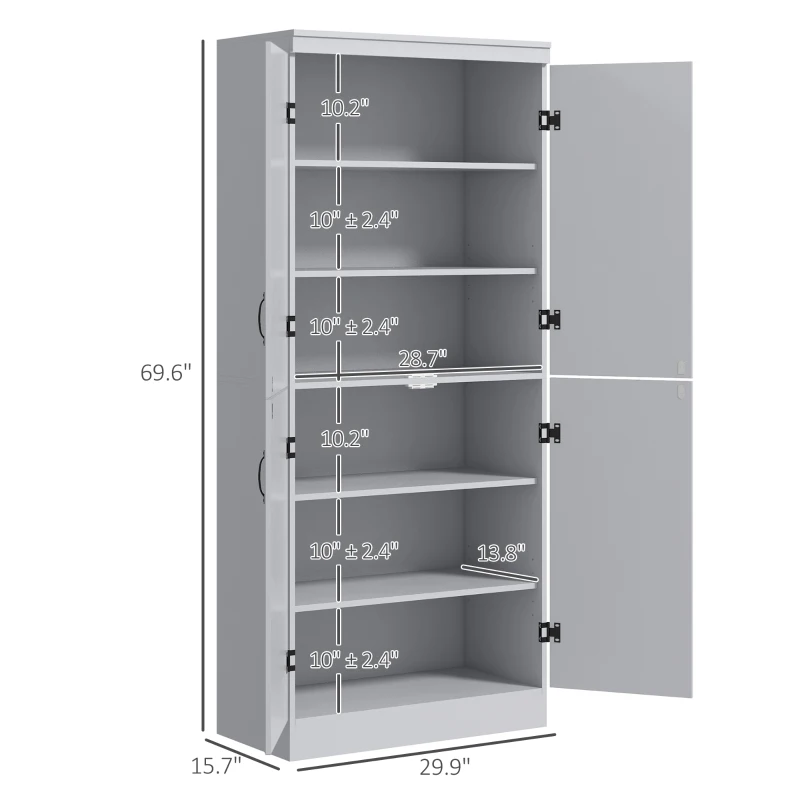 HOMCOM 70" Kitchen Pantry Cabinet, Freestanding Storage Cabinet with 4 Doors and 2 Adjustable Shelves for Dining Room, Gray