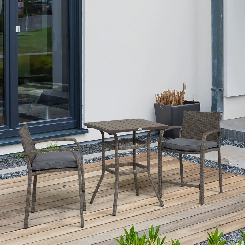 Outsunny 3 PCS Rattan Wicker Bar Set with Wood Grain Top Table and 2 Bar Stools for Outdoor, Patio, Poolside, Garden, Grey