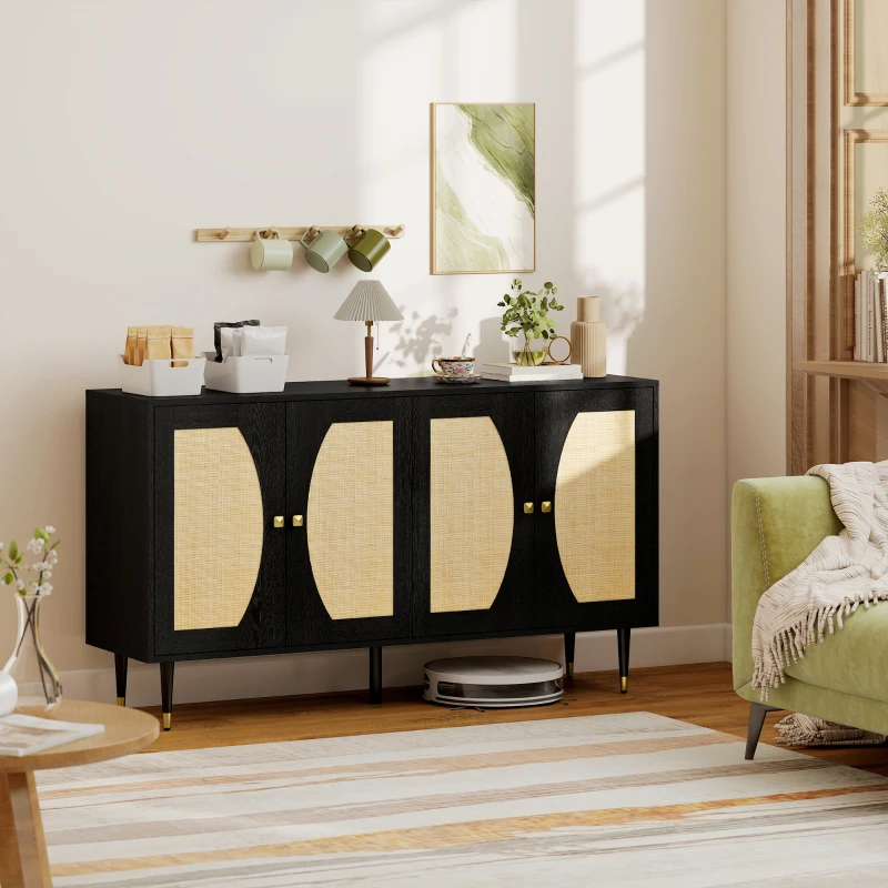 HOMCOM 55" Sideboard Buffet Cabinet, Boho Storage Cabinet with Adjustable Shelves, Soft Close Doors and Rattan Front, Black