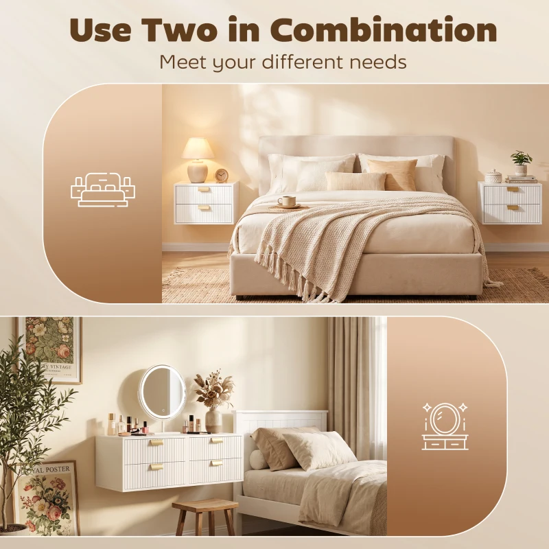 HOMCOM Modern Floating Nightstands Set of 2, Wall Mounted Bedside Tables with 2 Wave Drawers White