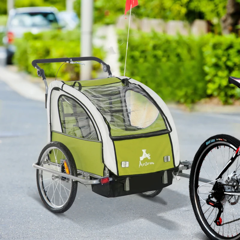 Aosom Elite 360 Swivel Bike Trailer for Kids Double Child Two-Wheel Bicycle Cargo Trailer With 2 Security Harnesses, Green