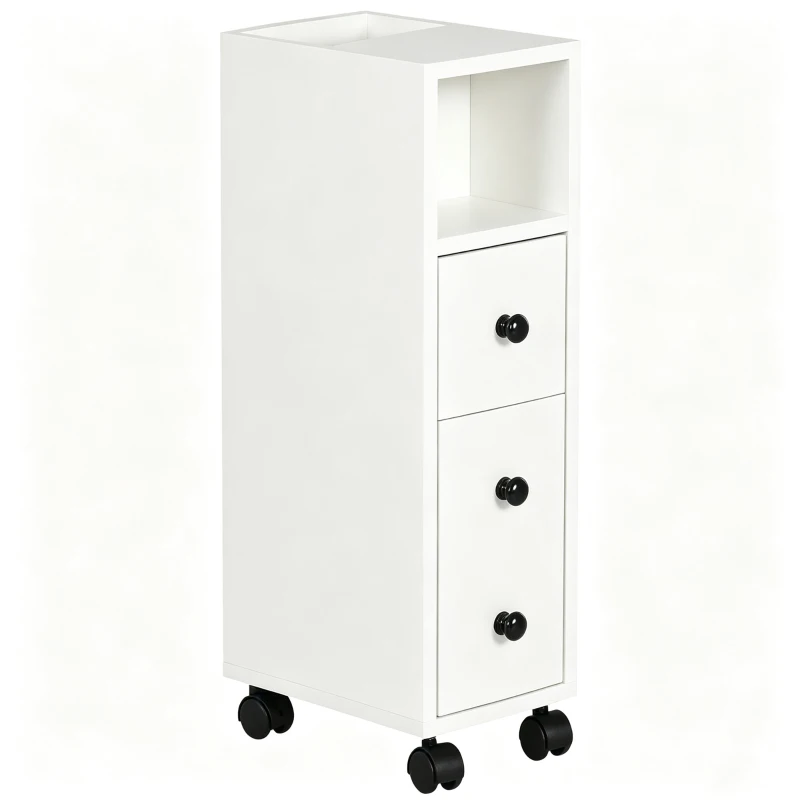 kleankin Slim Bathroom Cabinet with Wheels, Narrow Bathroom Storage Cabinet with Door, Drawer and 2 Open Compartments, White