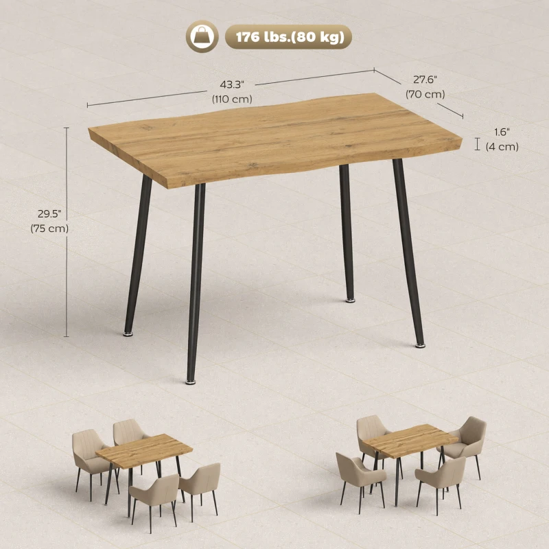 HOMCOM Dining Table Modern Nordic Kitchen Table Seats 4 People Thick Curved Tabletop Oak Grain Black 43.3" x 27.6" x 29.5"