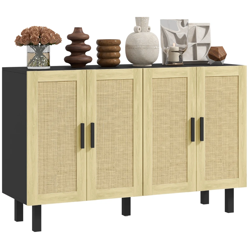 HOMCOM Boho Kitchen Cabinet, Buffet Cabinet with 4 Rattan Doors and Adjustable Shelves for Dining Room, Black and Natural