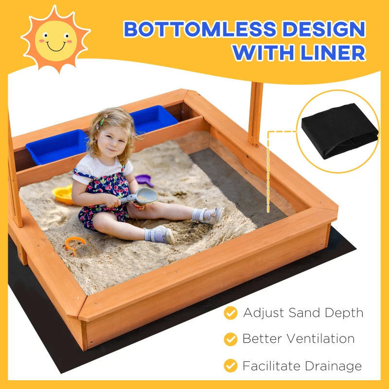Outsunny Kids Wooden Sandbox with Adjustable Height Cover and Toy Bin Storage, Children Sand Play Station Outdoor, Bottom Liner