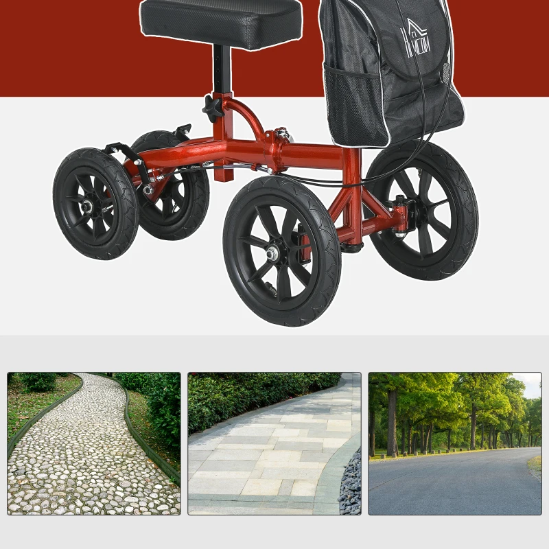 HOMCOM Adjustable Steerable Knee Walker, Foldable Knee Scooter with Rubber Wheels, Dual Brake, Crutch Alternative, Red