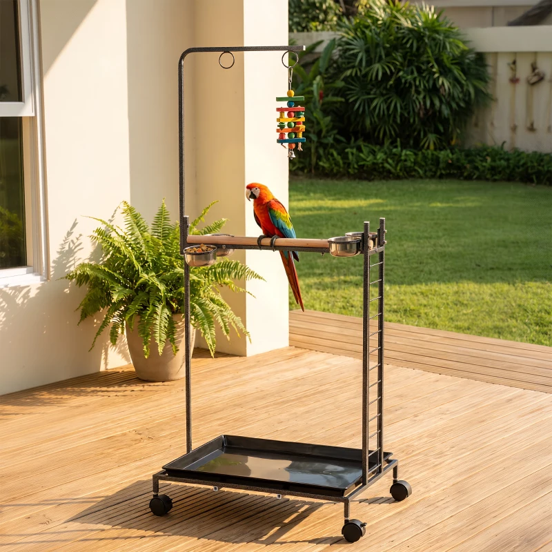 PawHut Bird Stand with Wheels Parrot Stand with Slide-out Tray Stainless Steel Bowls for Indoor Outdoor Dark Gray