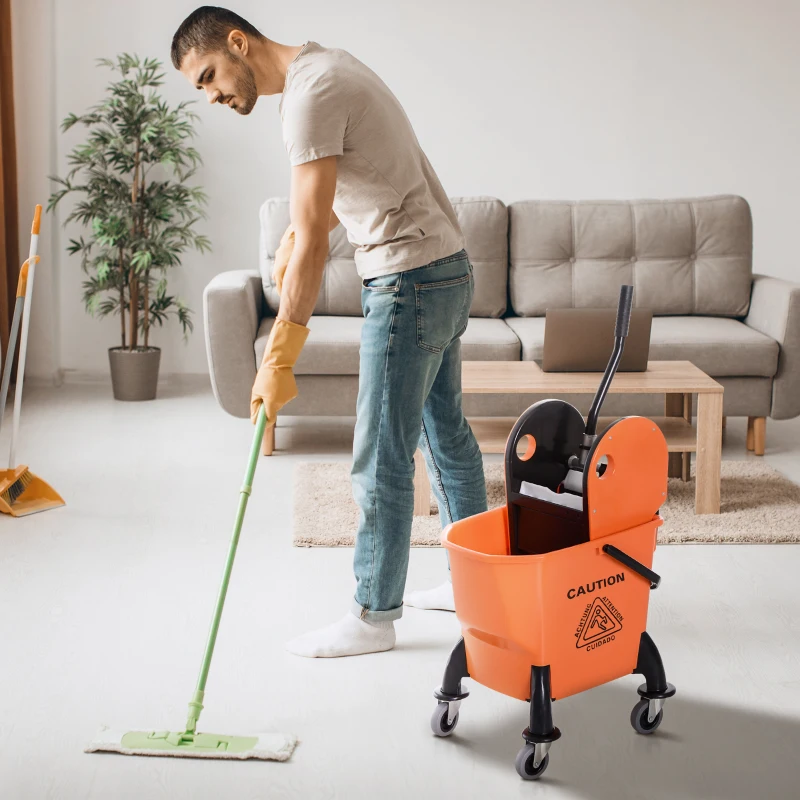 HOMCOM 6.9 Gal/26L Mop Bucket, Mop Bucket with Wringer, Wheels and Handle, Orange