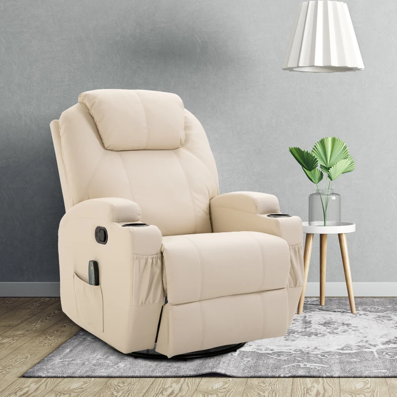 HomCom Faux Leather Heated Massage Recliner Chair with Remote - Cream White