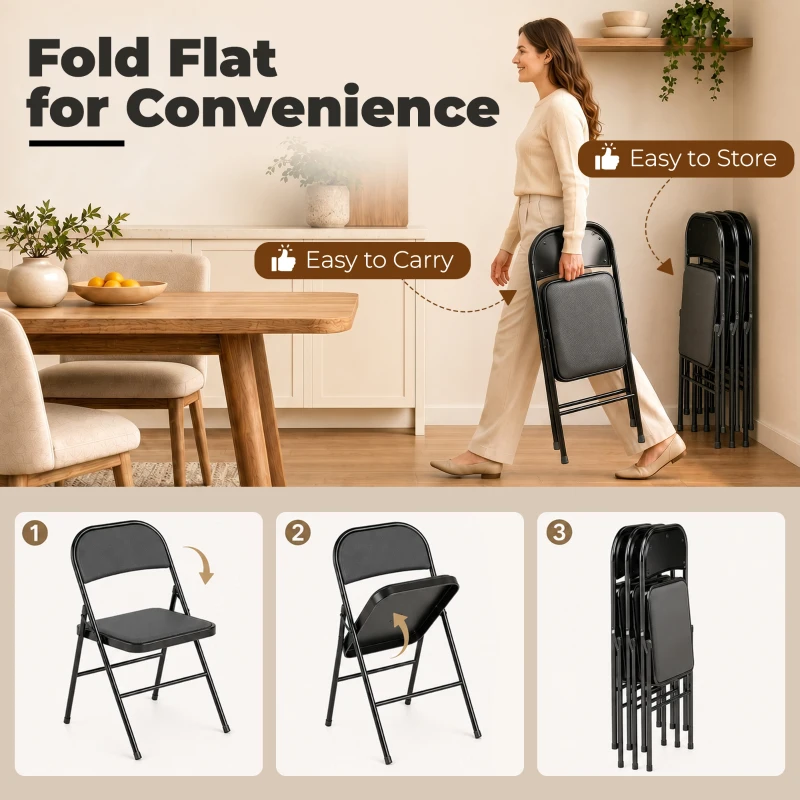 HOMCOM Set of 4 Metal Foldable Chairs, PU Leather Padded Folding Chairs with Cushion Seat and Open Back for Indoor, Black