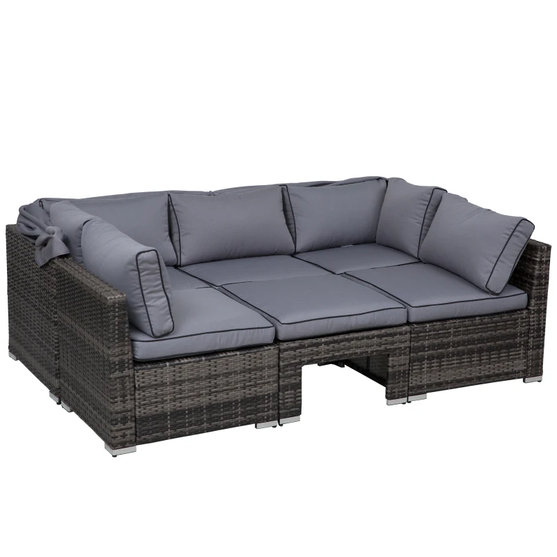 Outsunny Outdoor Daybed with Canopy, 4 Piece Sectional Patio Furniture Set, Cushions, Coffee Table Ottoman, PE Wicker Conversation Sofa Set and Convertible Sunbed, Gray