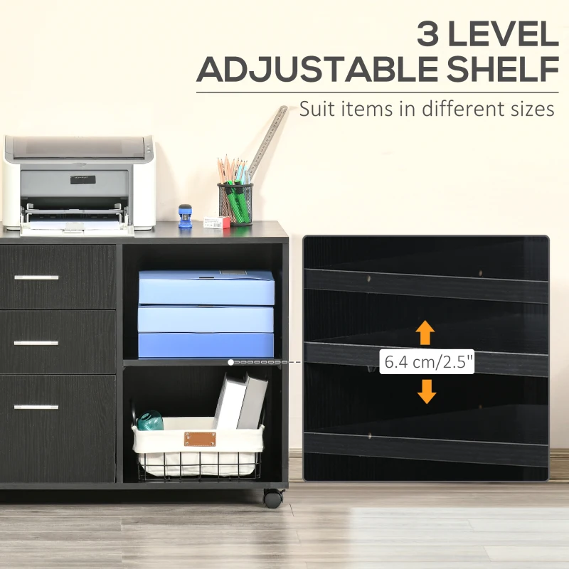 HOMCOM 3 Drawer Printer Stand, Mobile Office Cabinet with 2 Storage Shelves for Home Office, Black