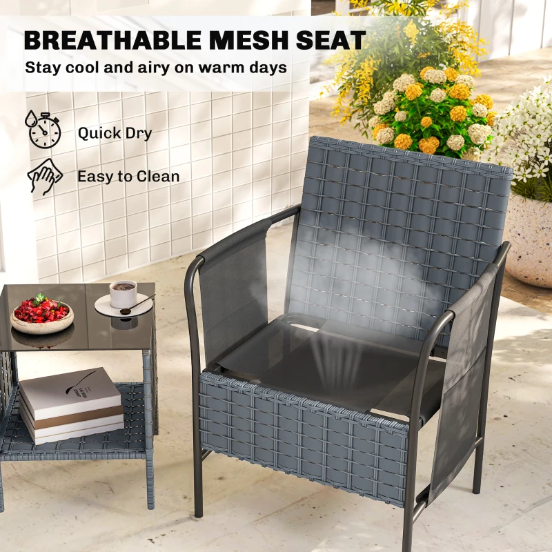 Outsunny 3 Piece Wicker Patio Furniture Set, Outdoor Bistro Set, Side Pockets, Mesh Seat, 2 Tier Glass Table, Cushions, Grey