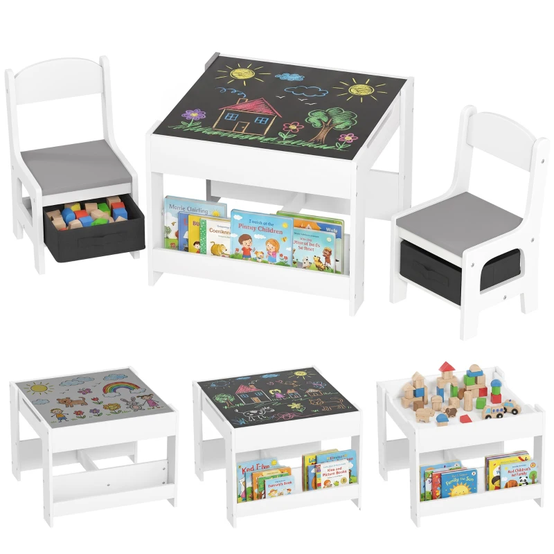 Qaba 3pc Kids Table and Chair Set with Reversible Tabletop Blackboard, Storage & Bookshelves, Gray