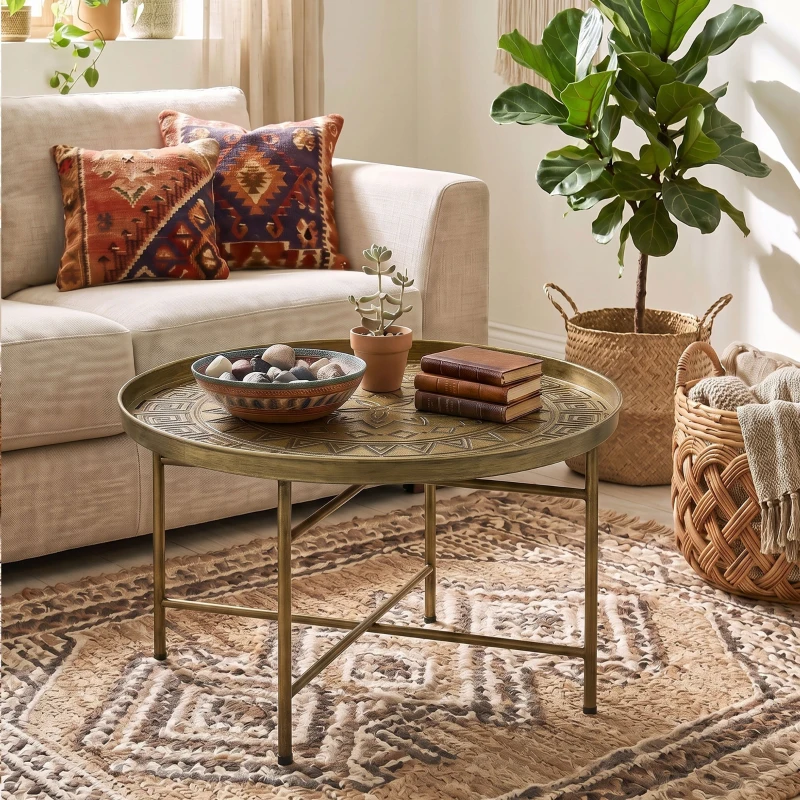 HOMCOM Coffee Table for Living Room, 24" Round Center Table with Hammered Tray Top and Metal Frame for Bedroom, Gold