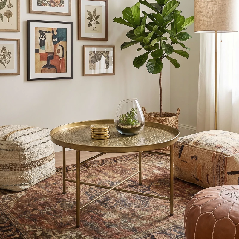HOMCOM Coffee Table for Living Room, 24" Round Center Table with Hammered Tray Top and Metal Frame for Bedroom, Gold