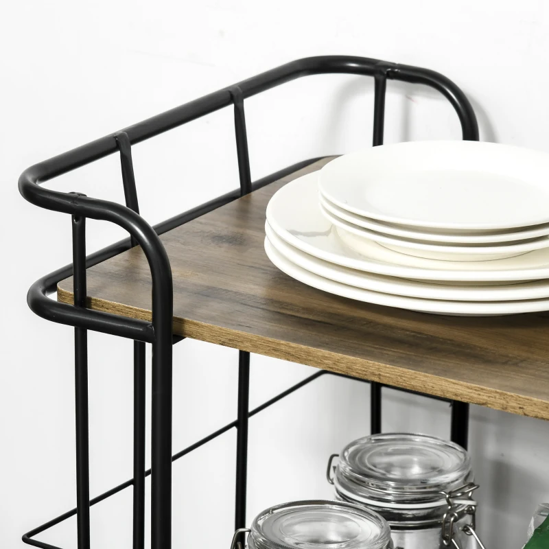 HOMCOM Bar Cart, Industrial Kitchen Cart with Wheels , Rolling Utility 3 Storage Shelves for Dining Room, Laundry Room, and Bathroom, Light Brown Wood Grain