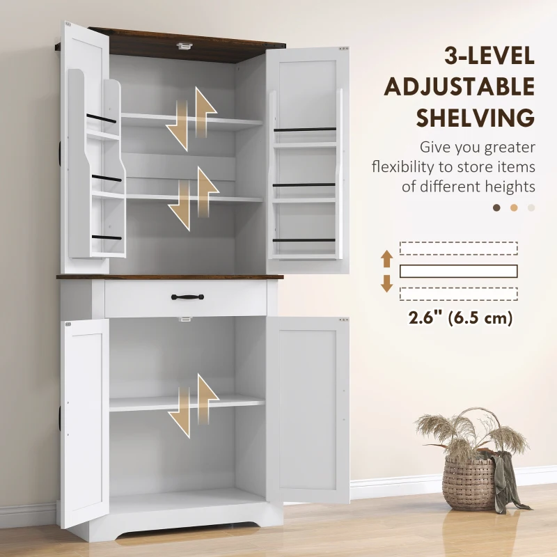 HOMCOM 71" Tall Kitchen Cabinet, Farmhouse Pantry Cabinet w/ Barn Doors, 6 Shelves w/ 2 Doors, Drawer and Adjustable Shelves, White