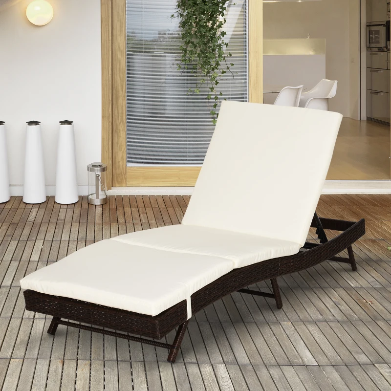 Outsunny Patio Chaise Lounge, Pool Chair with 5 Position Adjustable Backrest & Cushion, Outdoor PE Rattan Wicker Sun Tanning Seat