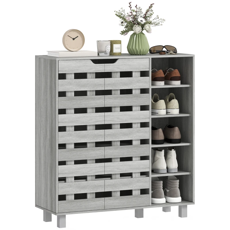 HOMCOM Shoe Cabinet, 21 Pair Shoe Storage Cabinet Organizer with 5-tier Double Door Cabinet and 5-tier Open Shelves, Light Grey