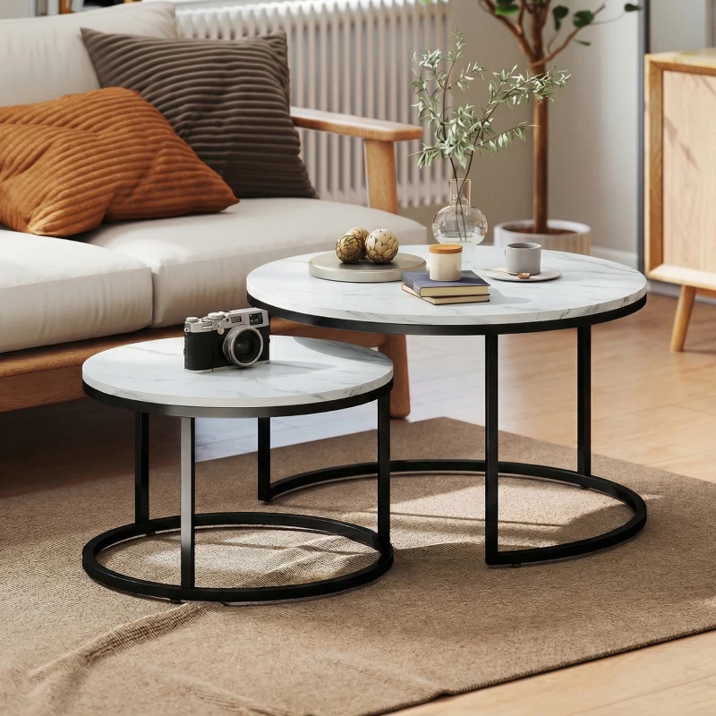 HOMCOM Modern Coffee Table Set of 2, Nesting Side Tables w/ Metal Base for Living Room Bedroom Office Marble White