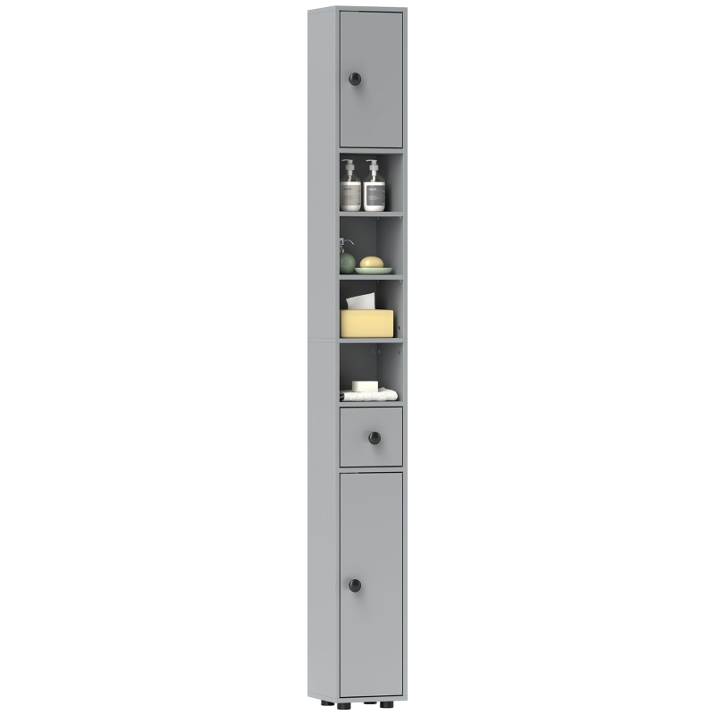 kleankin 71" Tall Bathroom Cabinet, Narrow Toilet Paper Cabinet with Open Shelves, 2 Door Cabinets, Adjustable Shelves, Grey