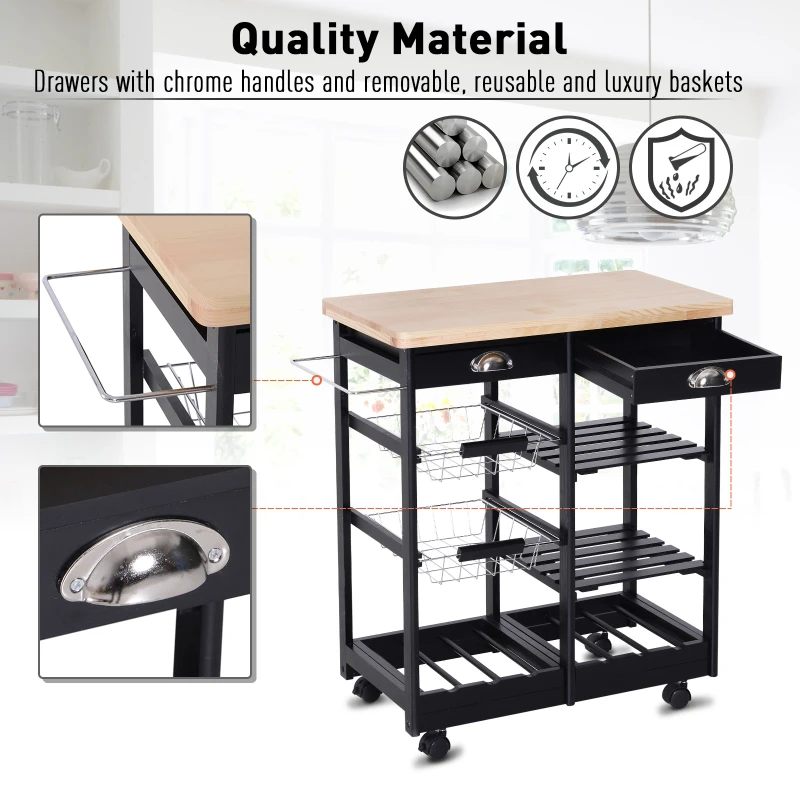 HOMCOM Rolling Kitchen Island Trolley Serving Cart Wheeled Storage Cabinet w/ Basket Shelves and Drawers Black