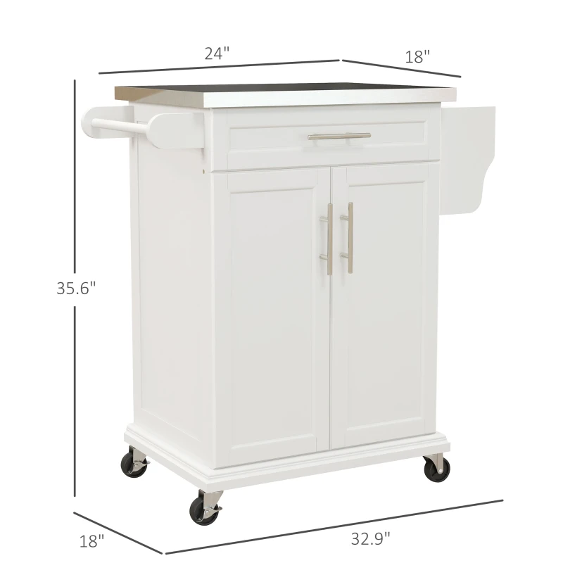 HOMCOM Kitchen Island with Wheels, Rolling Kitchen Island with Storage, Stainless Steel Countertop for Dining Room, Cream White