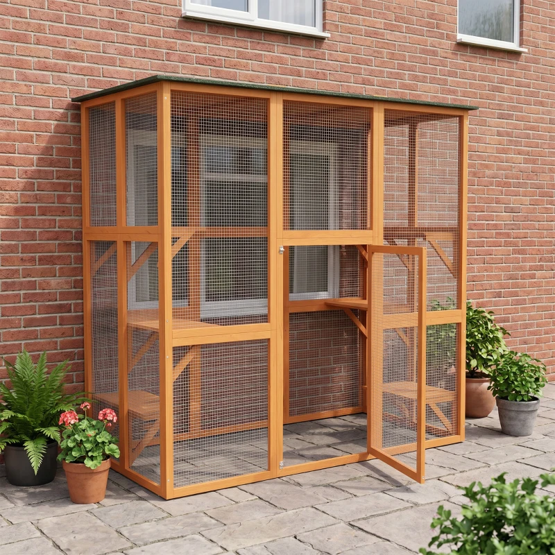PawHut 71" x 39" x 71" Cat Cage, Large Outdoor Wooden Cat Patio with 6 Balanced Platforms and Asphalt Roof, Orange