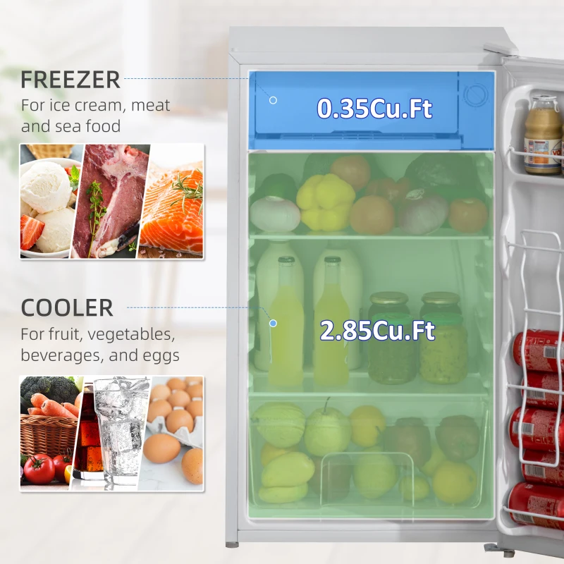 HOMCOM Compact Refrigerator, Mini Fridge with Freezer, Adjustable Shelf, Mechanical Thermostat and Reversible Door, White