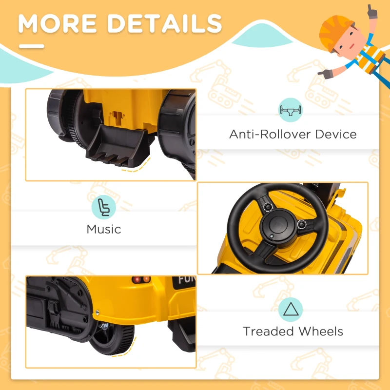 Aosom 3 in 1 Ride on Excavator Bulldozer with Music, Yellow