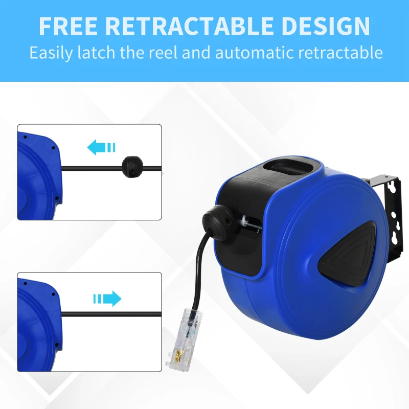 DURHAND 66ft Retractable Extension Cord Reel, Portable Power Cord with Triple Tap Connector Automatic Retract Ceiling Wall Mount Garage Garden, Blue
