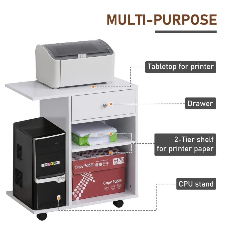 Vinsetto Mobile Printer Stand, Rolling File Cabinet Cart with Wheels, Adjustable Shelf, Drawer and CPU Stand, White