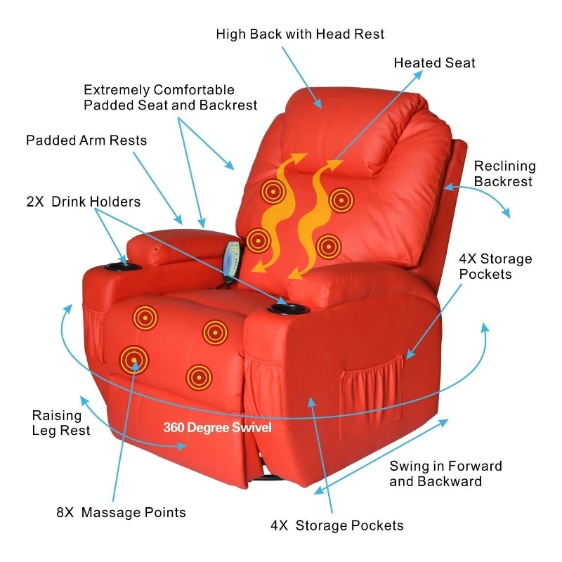 HomCom Faux Leather Heated Massage Recliner Chair with Remote - Bright Red